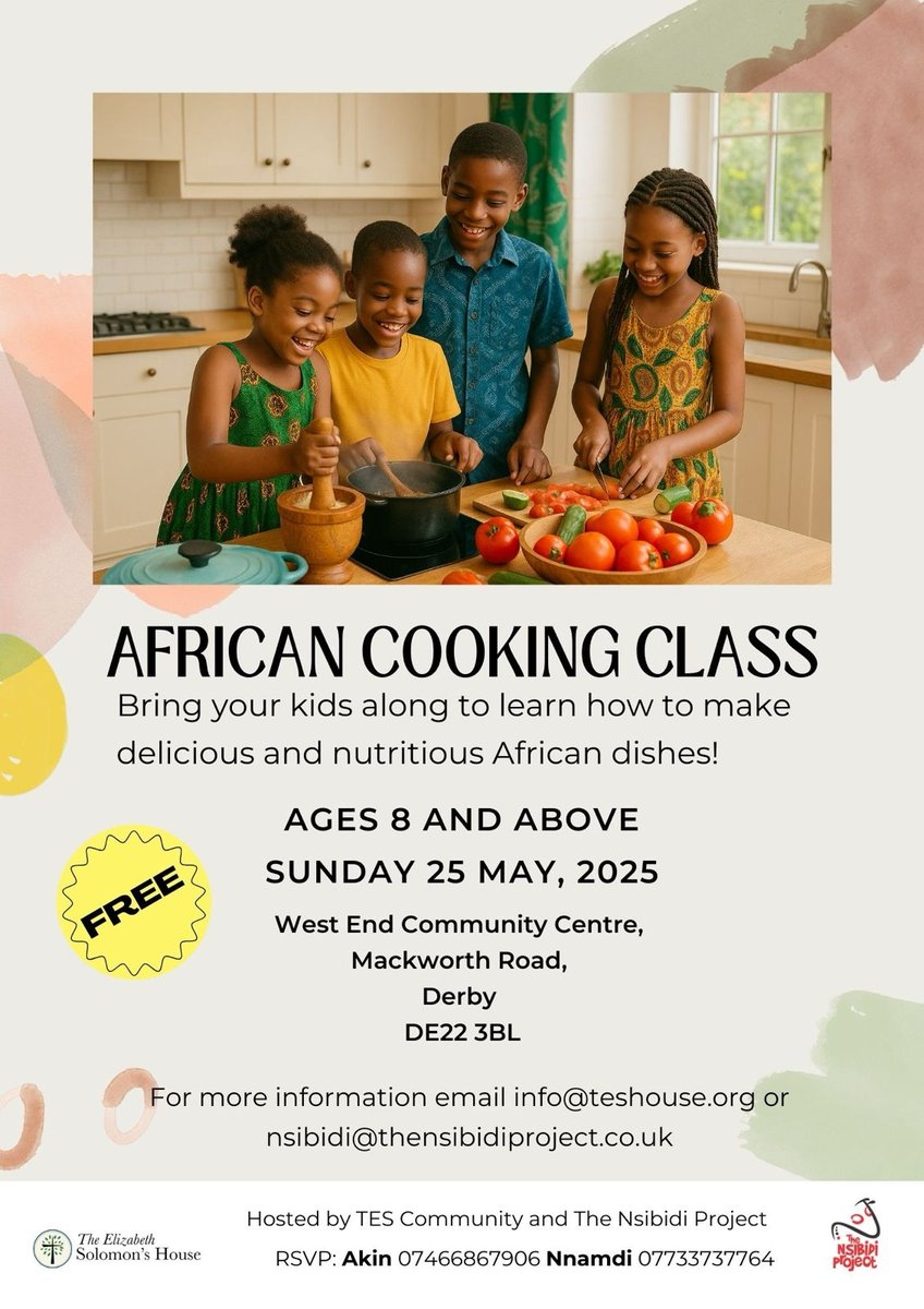 African Cooking Class poster — Sunday 25 May 2025, West End Community Centre, Mackworth Road, Derby DE22 3BL. Ages 8 and above. Free.