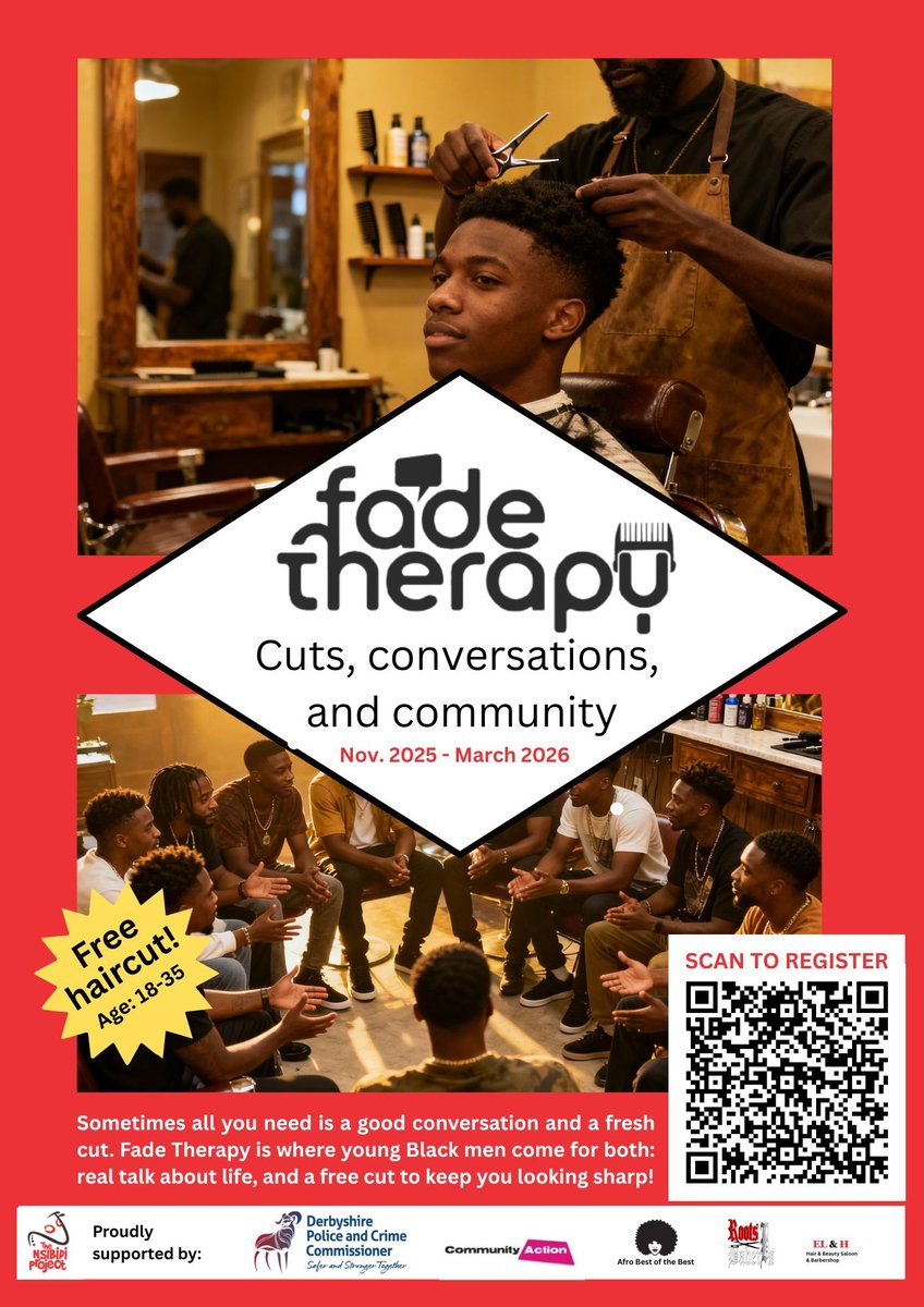 Fade Therapy poster — Cuts, conversations, and community. Nov 2025 to March 2026.