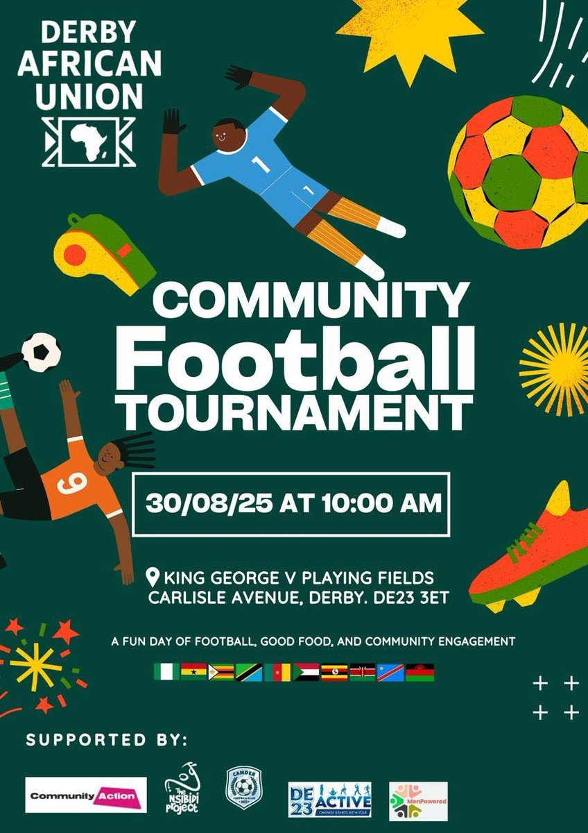 Derby African Union Community Football Tournament poster — 30 August 2025 at King George V Playing Fields, Carlisle Avenue, Derby DE23 3ET.