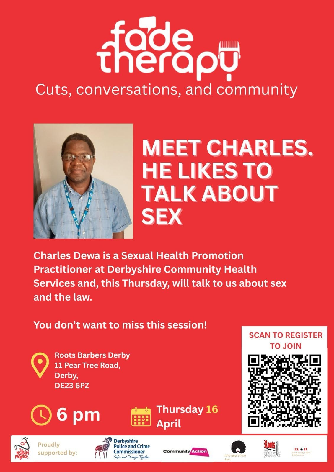 Fade Therapy poster — Meet Charles Dewa, Sexual Health Promotion Practitioner, talking about sex and the law. Thursday 16 April, 6pm, Roots Barbers Derby.