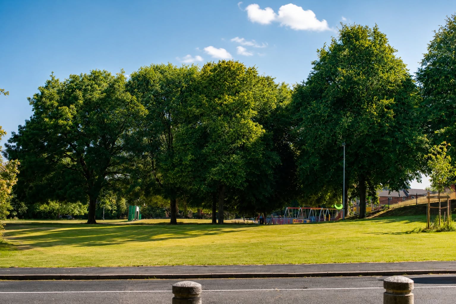 Trees and playground across the grass — a photograph taken by one of the workshop students